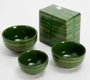 Temptations 3 Piece Nesting Bowls Dark Sleek GREEN STRIPE Ceramic w/Box 6-16 oz