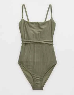Aerie Shine Rib Strappy Scoop Full Coverage One Piece Swimsuit SMALL Olive