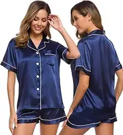 [SWOMOG] Womens Pajamas Set Silk Satin Sleepwear Short Sleeve Nightwear Button Down Pj Loungewear