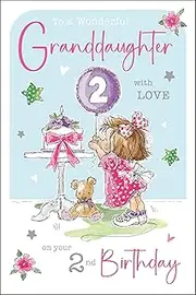 Jonny Javelin Wonderful Granddaughter 2nd Birthday Card - Happy Birthday Card Age 2 with Girl and Cake Design with Foil and Flitter Details - Birthday Card for Children