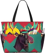 [Ghjkfbf] Moose Print Large Capacity Beach Travel Bag For Family, Beach Tote Bag For Women With Zipper Pockets, Black, One Size