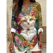 Women's Summer Tops Graphic Cat Vintage Tropical Hawaiian Long Sleeve V Neck Regular Tops Daily Holiday Beach Wear Print Blue Green Beige Summer Spring