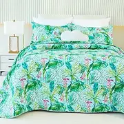 EVENHUG Green Leaf Twin Quilt Set Cotton Tropical Palm Bed Cover Double Pattern Rainforest Coverlet Set-3 Pieces Reversible Bedspread Lightweight with 2 Pillow Shams(Leaf, Twin)
