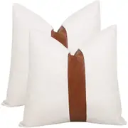 Pillow Cover 2Pcs PU Leather Throw Pillow Covers Farmhouse Decor Stripe Patchwork Modern Decor Square Cushion Covers-Style 2