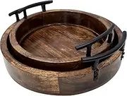 Handmade Round Shape Wooden Serving Tray with Metal Handle Deep Rustic Design Tray for House Party Set of 2