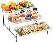 Lifewit 3 Tiered Plastic Serving Tray for Party Entertaining, 36×17cm Serving Food Display Platters, Reusable Trays with Collapsible Stable Metal Stand for Veggie, Fruit, Cookies, Dessert, Black
