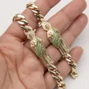 Green St. Jude Cuban Link Chain Bracelet Real 10K Yellow Gold All Sizes