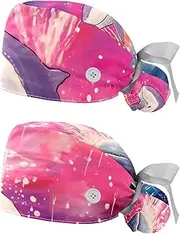 [YTYVAGT] 2-Pc,Nurse Scrub Caps,Scrub Hats with Buttons and Cotton Sweatband,Cartoon Dolphin Colorful Pattern
