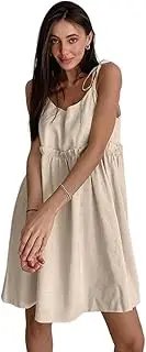 [Generic] Women's Cotton Linen Casual Sleeveless Crewneck Spaghetti Strap Swing Beach Short Mini Dress