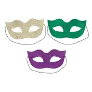 Green, Gold & Purple Glitter Felt Mardi Gras Masks - 7 1/2" x 3 3/4", 12 Piece