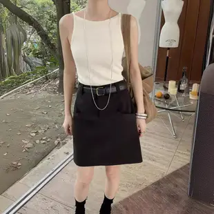 夏季新款亞麻極簡設計感口袋高腰顯瘦直筒半裙半身裙 24SS326