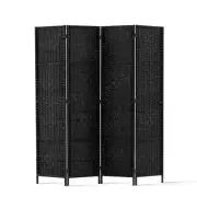 4 Panel Room Divider Privacy Screen Rattan Woven Wood Stand Black