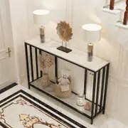 Fin Extra Long Console Table 2 Tier Storage Capacity Slim Entryway Table Sofa Behind