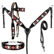 western Leather Equestrian Tooled Beaded Headstall,Breast Collar & Reins. (H060)