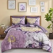 DJY Purple King Comforter Set Floral Bed in a Bag, 7 Piece Boho Flower Comforters and Sheet Set, Botanical Pattern Soft Microfiber Reversible Bedding Set for All Season (Purple,104''x90'')