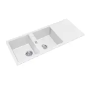 ARETE STONE Granite Kitchen Sink - 1160 x 500mm Double Bowl with Drainer - White - Top/Under Mount