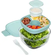 Bentgo Glass All-in-One Salad Container - Large 61-oz Salad Bowl with Lid, 4-Compartment Bento-Style Tray, 3-oz Sauce Container & Reusable Fork - Dishwasher, Microwave, Oven Safe (Coastal Seaglass)