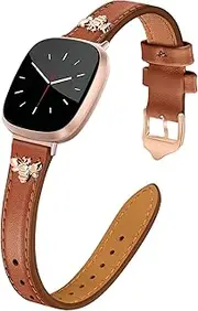 JR.DM Slim Leather Bands Compatible with Fitbit Versa 4/Versa 3/Sense 2/Sense Band, Top Genuine Soft Leather Band with Charms, Feminine Designer Strap for Fitbit Smartwatch, Brown Rose Gold