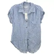 NWT Pink Rose Women's Blue/White Plaid Short Sleeve Button-Up Shirt Top Size M