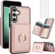 Asuwish Phone Case for Samsung Galaxy S23 FE 5G Cover with Tempered Glass Screen Protector and RFID Card Holder Slot Ring Kickstand Cell Accessories Flip Mobile S 23 EF S23FE 23S Women Men Rose Gold