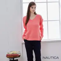 在飛比找momo購物網優惠-【NAUTICA】女裝 簡約撞色華夫格V領長袖T恤(粉色)
