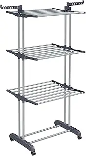 SONGMICS Large Clothes Airer, Foldable Clothes Drying Rack Laundry 4-Tier, Moveable Clothes Horse, 64 x 126 x 172 cm, Stainess Steel, Folding Wings, Easy Assembly, Indoor Outdoor Use, Grey LLR701G01