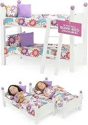 Emily Rose 18 Inch Doll Furniture | 18" Doll Bunk Bed - 2 Single Stackable Doll Beds | Doll Bunkbed Includes 2 Sets of Colorful Bedding & Ladder | Fits 18" American Girl Dolls