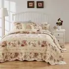 NEW! COZY COTTAGE CHIC ROSE YELLOW RED GREEN LEAF PINK SHABBY ROMANTIC QUILT SET