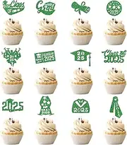 24Pcs Graduation Cupcake Toppers,Glitter Class of 2025 Cupcake Toppers 2025 Congrats Grad Cap Diploma Cupcake Pick for Graduation Theme Party Cake Decorations(green)