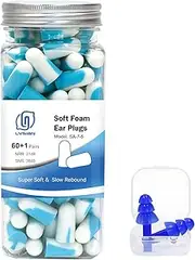 Lysian Soft Foam Earplugs 60 Pairs, 38dB SNR Comfortable Ear Plugs for Sleeping, Snoring, Shooting, Mowing, and All Loud Noise by , Light Blue/White