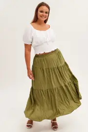 Khaki Maxi Skirt Elastic Waist Long Textured