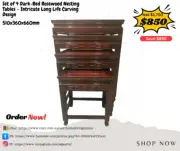 Set of 4 Dark-Red Rosewood Nesting Tables – Intricate Long Life Carving Design