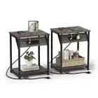 End Table with Charging Station, Set of Small Side 2 Chestnut Brown + Black
