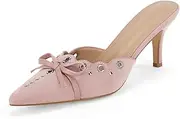 [Coutgo] Women's Bow Tie Mule Heels Pointed Toe Studded Backless Stilettos Slip On Dress Pump Shoes