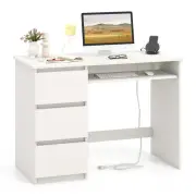 Costway Modern Computer Desk with Power Outlet and 3 Large Drawers-White