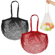 2-Pack Reusable Washable Mesh Net String Grocery Bags [Red, Black,Long Handle]