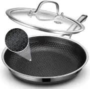 Frying Pan with Lid, 12 Inch Hybrid Non Stick Stainless Steel Skillets, Dishwash