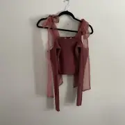 Zara Sz S Mauve Ribbed Square Neck Organza Tie Cold Shoulder Crop Ballet Top NWT