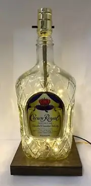 Crown Royal 1.75L Bottle TABLE LAMP Bar Light with USB Fairy Lights & Wood Base
