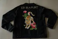 在飛比找Yahoo!奇摩拍賣優惠-ed-hardy 台灣專櫃正品玫瑰與老虎刺繡黑牛仔外套