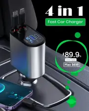 Retractable Car Charger 4 in 1 Car Charger Adapter Fast Charging with Dual Retractable Cord USB C