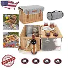 Deluxe 4-Person Picnic Kit with Wicker Basket, Bamboo Wine Table & Blanket