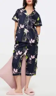 NEW PETER ALEXANDER NAVY FLORAL PJ TOP + 3/4 PANTS SET COTTON SATEEN XL RRP$119