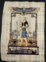 Vintage Egyptian Papyrus Painting Anubis, god of the underworld 9x13”