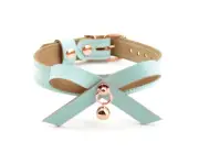AURUM Rose Gold Aqua Adore Blue leather Kitten Bow & Bell Collar Col40AqBwBl