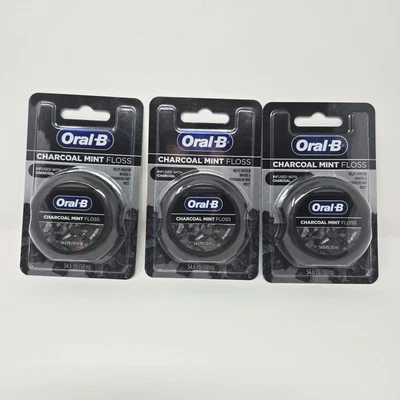 3 Packs Oral-B Charcoal Mint Floss, 54.6 YD Each Infused With Charcoal Brand New