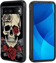 [GFEWYTJYJ] for Pixel 7A Case,Dual-Layer Rugged Shockproof Cell Phone Cover with Kickstand|Military Drop Proof Protective Case for Google Pixel 7A 6.1",Red Rose Skull