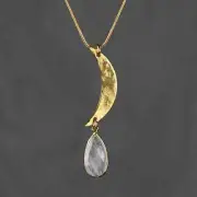 Hammered Brass Crescent Moon & White Rutile Tear Drop Neckl