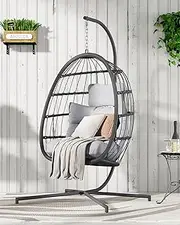 Dystler Hanging Egg Chair with Stand, Patio Wicker Egg Swing Chair with Cushion for Bedroom Garden Indoor Outdoor (Grey)
