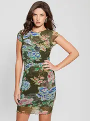 GUESS Eco Floral Print Aida Mini Dress in Green Size: Small, Polyamide